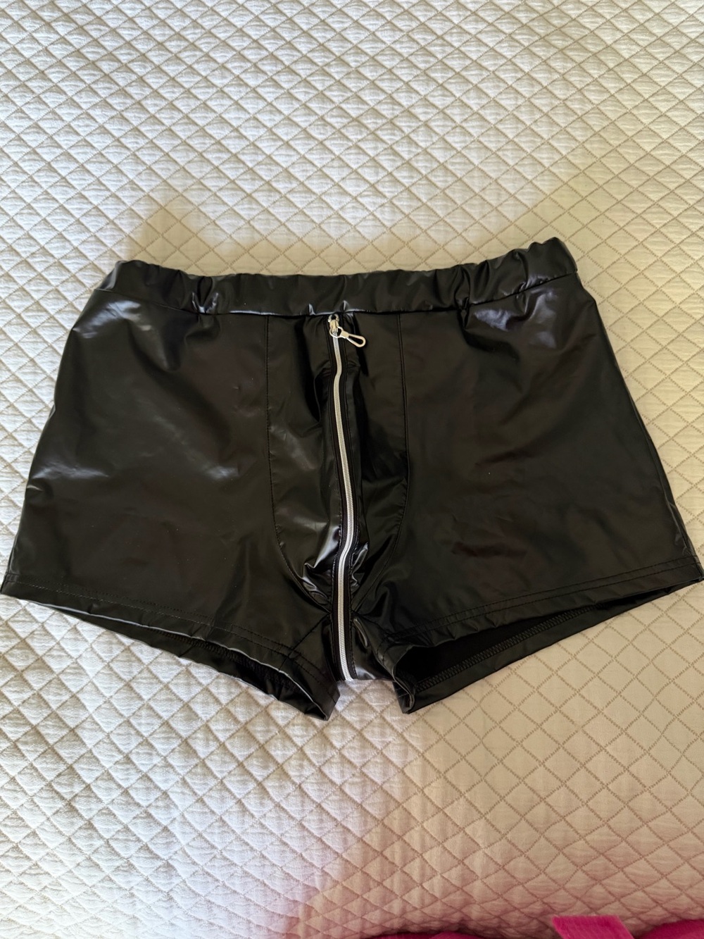 Men's Black Faux Leather Festival Shorts - Double Way Crotch Zipper - Rave